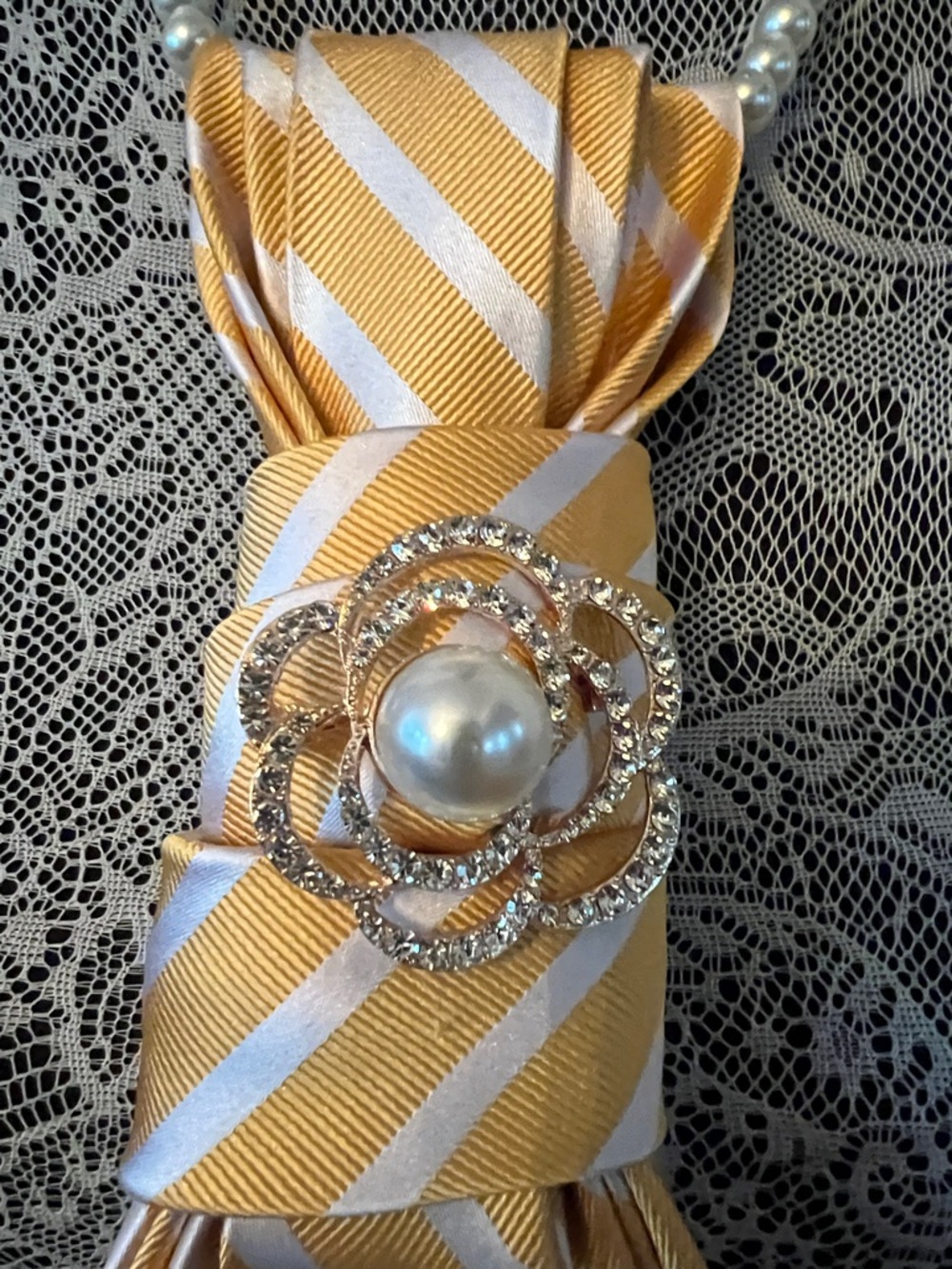 Hand Crafted Yellow and White Striped Necktie Statement Necklace - Picture 2 of 3